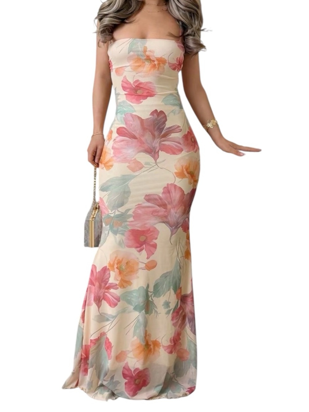 Floral Maxi Dress in Cream and Pink